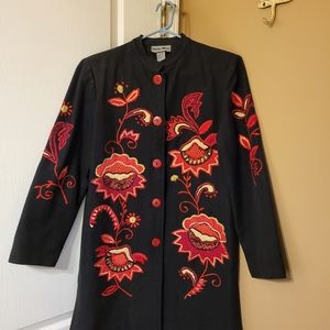 Indigo Moon. Black coat with red appliqué. Cotton. S